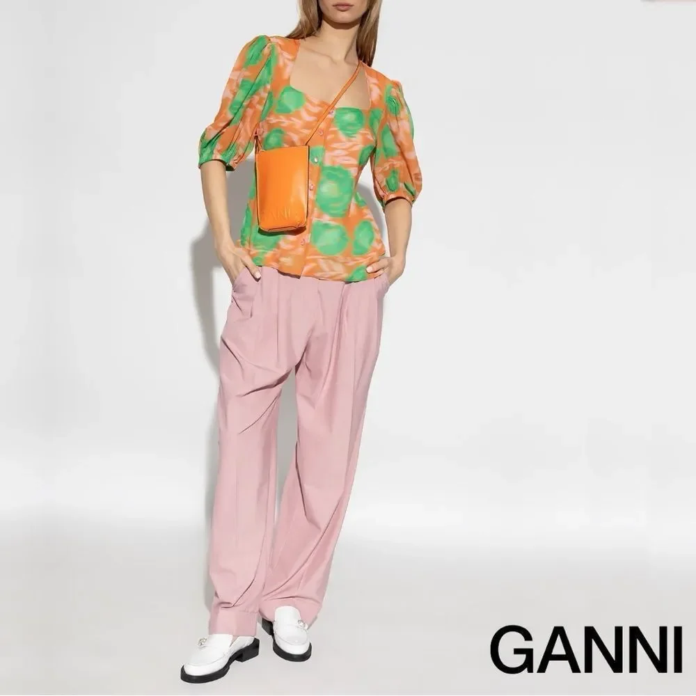 GANNI **NWT** Button-Up Puff Sleeve Crepe Blouse Vibrant Orange / Green Floral - Picture 4 of 16